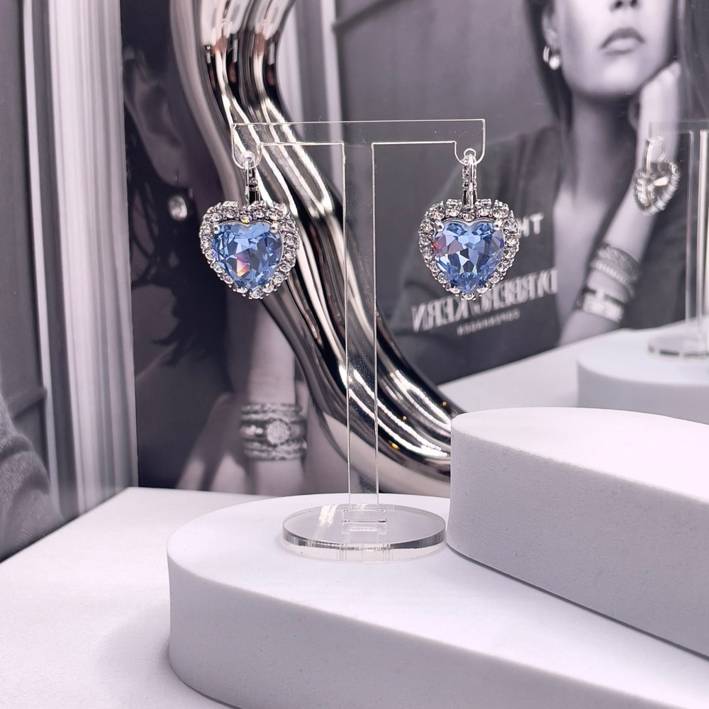 Light Blue Heart And Clear Crystals Silver Earrings, Sterling Silver Plated - Picture 5 of 5